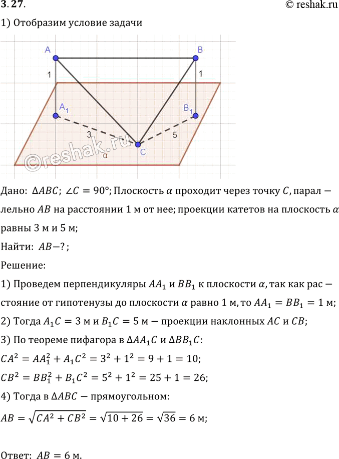 Изображение Через вершину прямого угла C прямоугольного треугольника ABC проведена плоскость, параллельная гипотенузе, на расстоянии 1 м от нее. Проекции катетов на эту плоскость...