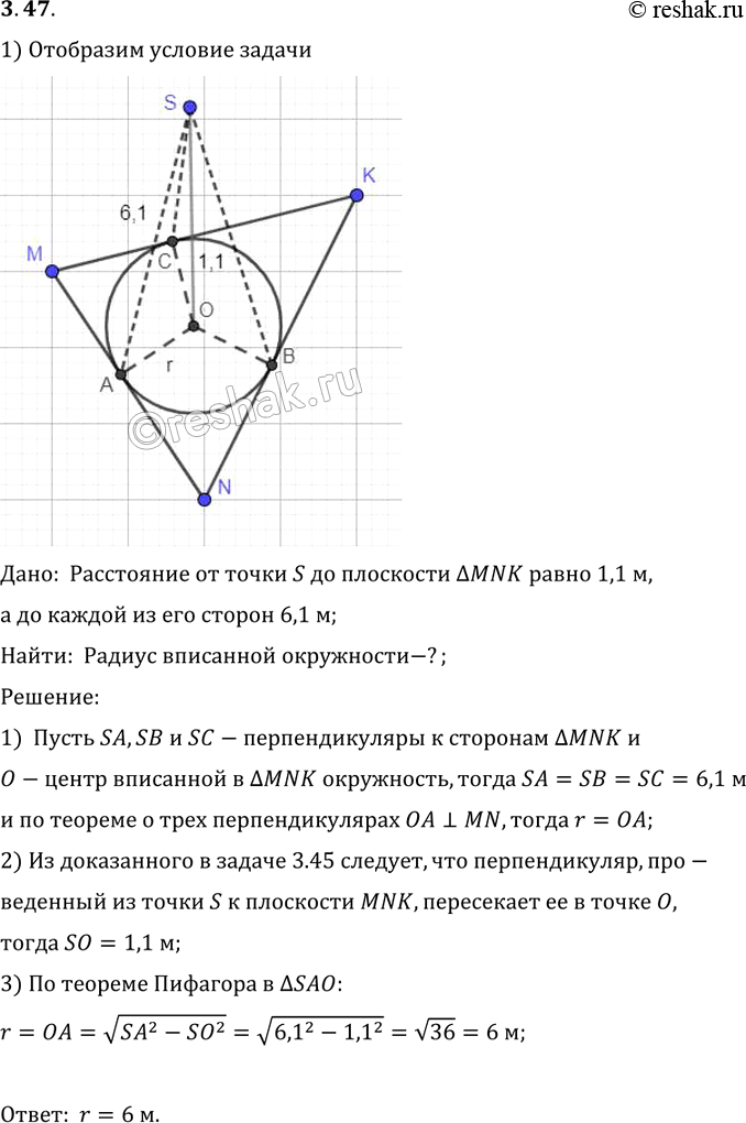 Изображение Расстояние от данной точки до плоскости треугольника равно 1,1 м, а до каждой из его сторон — 6,1 м. Найдите радиус окружности, вписанной в этот...