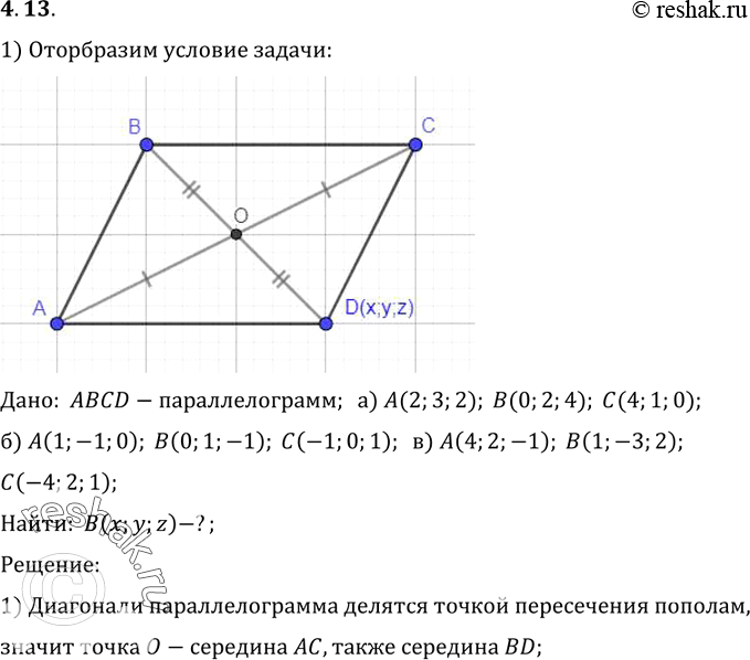 Изображение 13. Найдите координаты вершины D параллелограмма ABCD, если координаты трех других его вершин известны:1)	A (2; 3; 2), B (0; 2; 4), C (4; 1; 0); 2) A (1; -1; 0), B (0;...