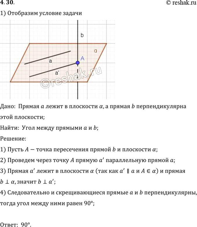 Изображение Прямая а лежит в плоскости а, a прямая b перпендикулярна этой плоскости. Чему равен угол между прямыми а и...