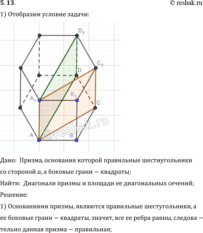 Изображение Основанием призмы является правильный шестиугольник со стороной а, боковые грани — квадраты. Найдите диагонали призмы и площади ее диагональных...
