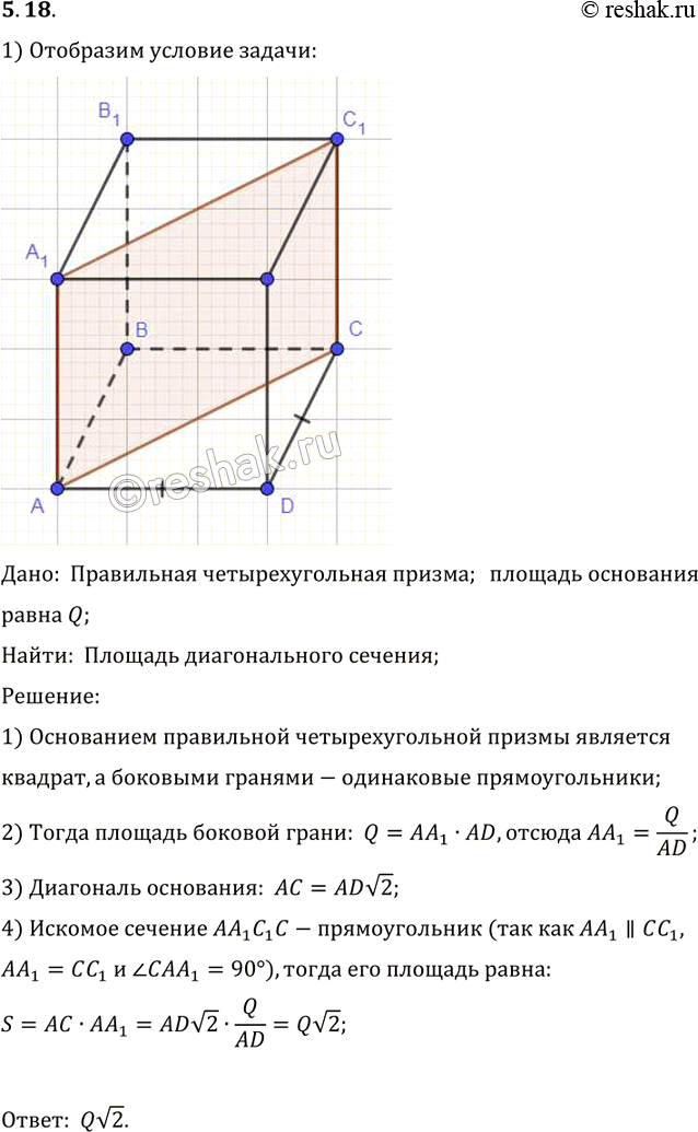 Изображение B правильной четырехугольной призме площадь боковой грани равна Q, Найдите площадь диагонального...