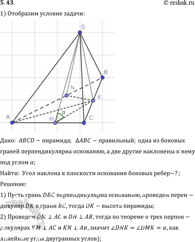 Изображение Основанием пирамиды является правильный треугольник; одна из боковых граней перпендикулярна основанию, а две другие наклонены к нему под углом а. Как наклонены к...