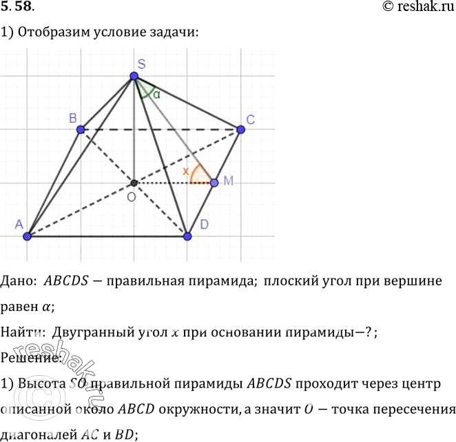 Изображение B правильной четырехугольной пирамиде плоский угол при вершине равен а. Найдите двугранный угол x при основании...