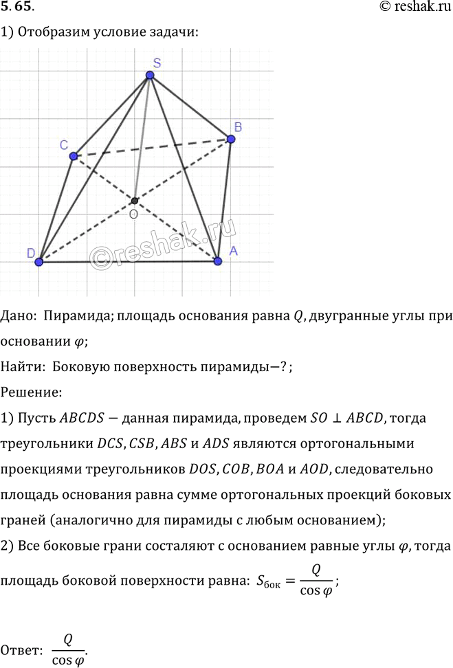 Изображение Найдите боковую поверхность пирамиды, если площадь основания Q, а двугранные углы при основании...