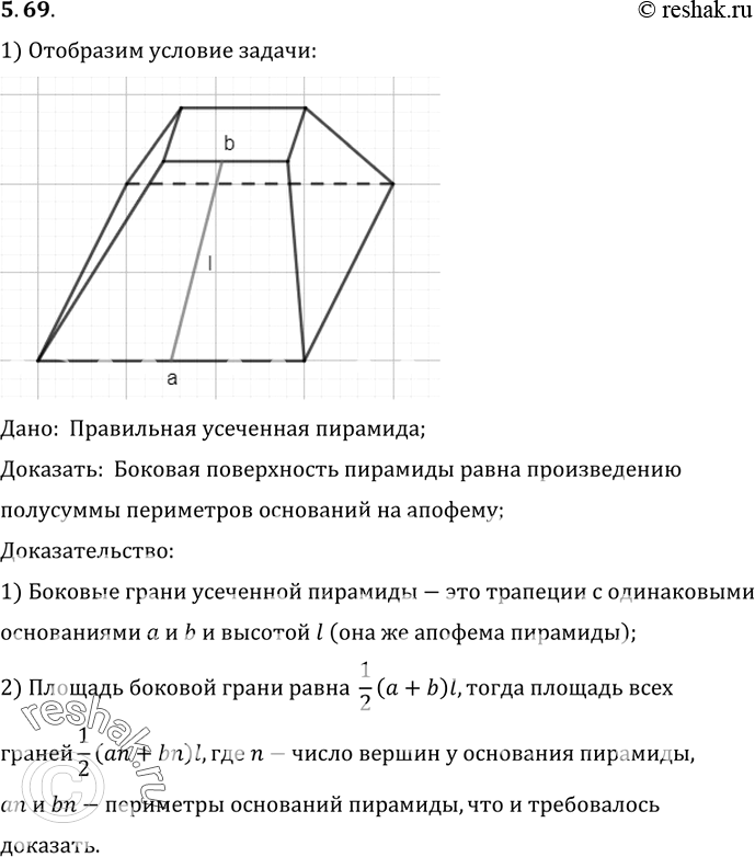 Изображение Докажите, что боковая поверхность правильной усеченной пирамиды равна произведению полусуммы периметров оснований на апофему.Дано:  Правильная усеченная...