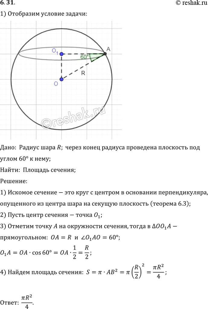 Изображение Радиус шара R. Через конец радиуса проведена плоскость под углом 60° к нему. Найдите площадь...