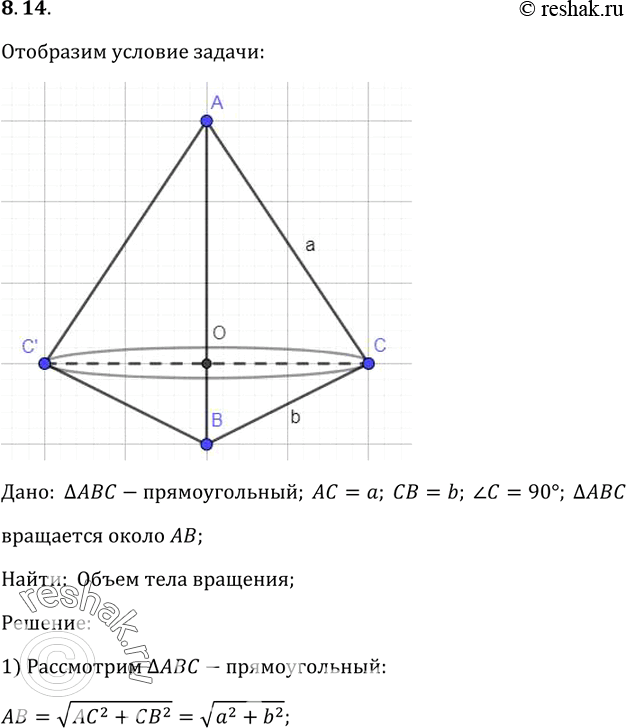 Изображение Прямоугольный треугольник с катетами а и b вращается около гипотенузы. Найдите объем полученного тела (рис....