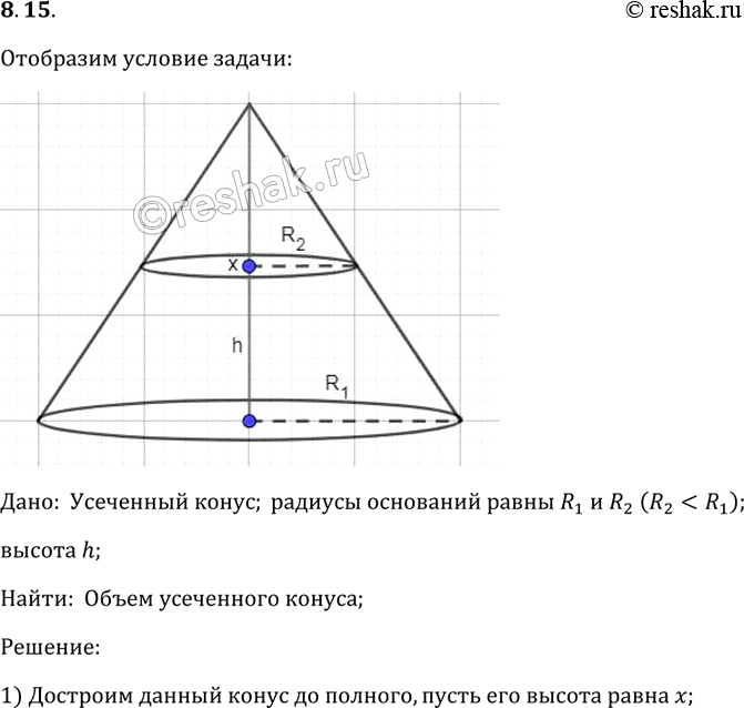 Изображение 15. Найдите объем усеченного конуса, у которого радиусы оснований равны R1 и R2 (R2 < R1), а высота...