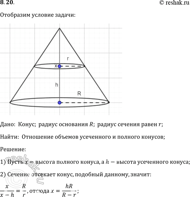 Изображение По данным радиусам оснований R и r определите отношение объемов усеченного конуса и полного...
