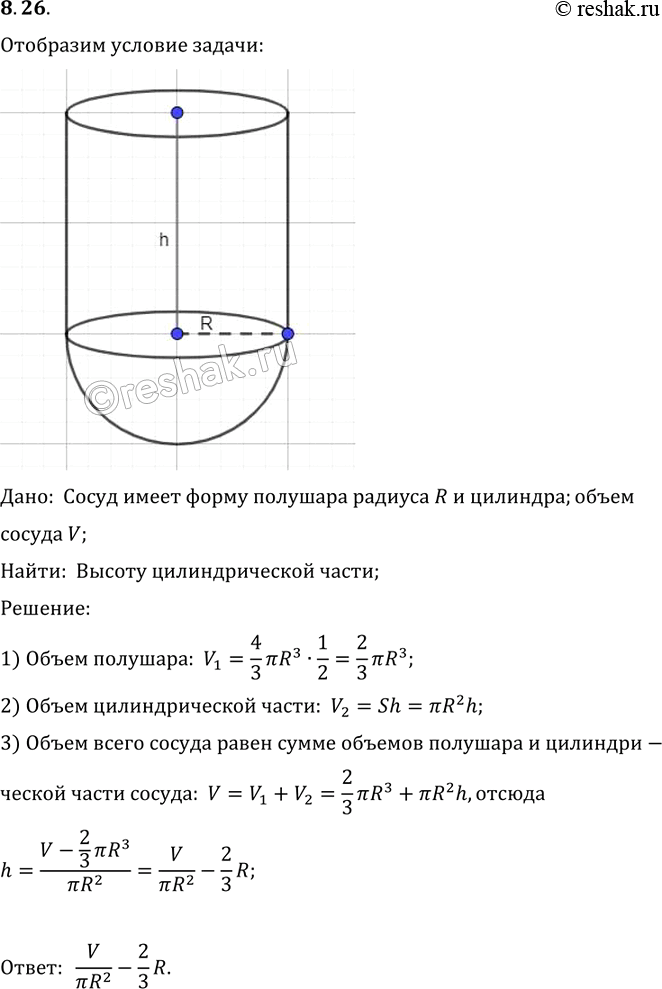Изображение Сосуд имеет форму полушара радиуса R, дополненного цилиндром. Какой высоты должна быть цилиндрическая часть, чтобы сосуд имел объем...