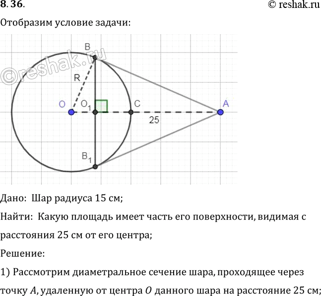 Изображение Радиус шара 15 см. Какую площадь имеет часть его поверхности, видимая из точки, удаленной от центра на 25 см (рис....