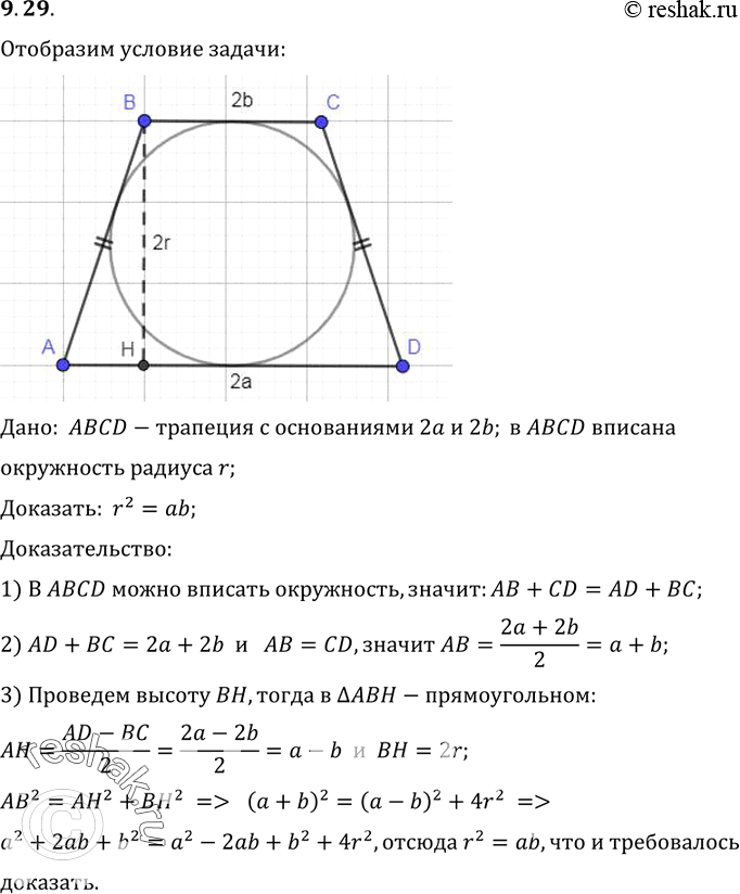Изображение Около окружности радиуса r описана равнобокая трапеция с основаниями 2а и 2b. Докажите, что r2 =...