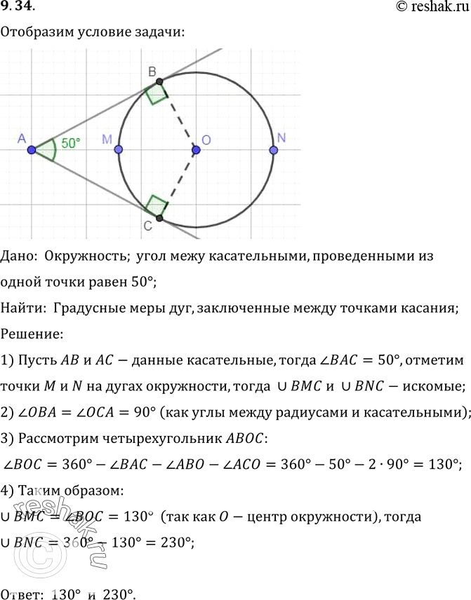 Изображение Угол между касательными, проведенными из одной точки к окружности, равен 50°. Найдите градусные меры дуг этой окружности, заключенных между точками...