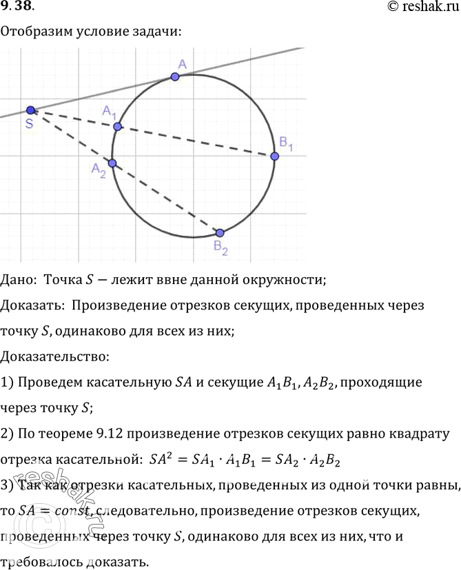 Изображение Докажите, что если из точки S, расположенной вне данной окружности, проведено несколько секущих, то произведение отрезков любой из этих секущих с концом в точке S...