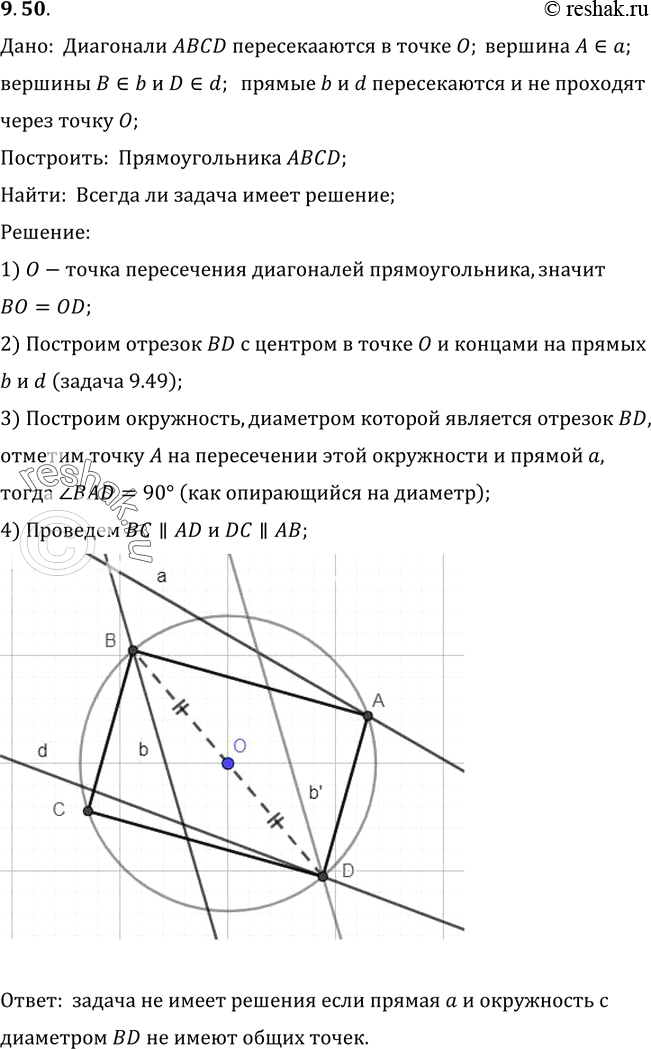 Изображение Постройте прямоугольник ABCD, диагонали которого пересекаются в данной точке О, вершина A лежит на данной прямой а, a вершины B и D — на пересекающихся прямых b и d, не...