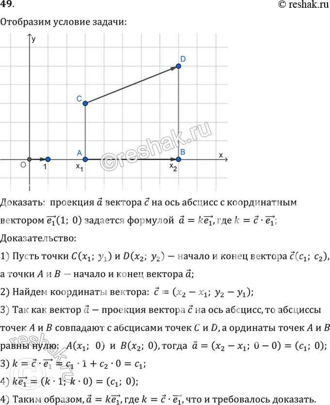 Изображение 49. Докажите, что проекция а вектора с на ось абсцисс с координатным вектором е1 (1; 0) задаётся формулойа = kе1, где k =...