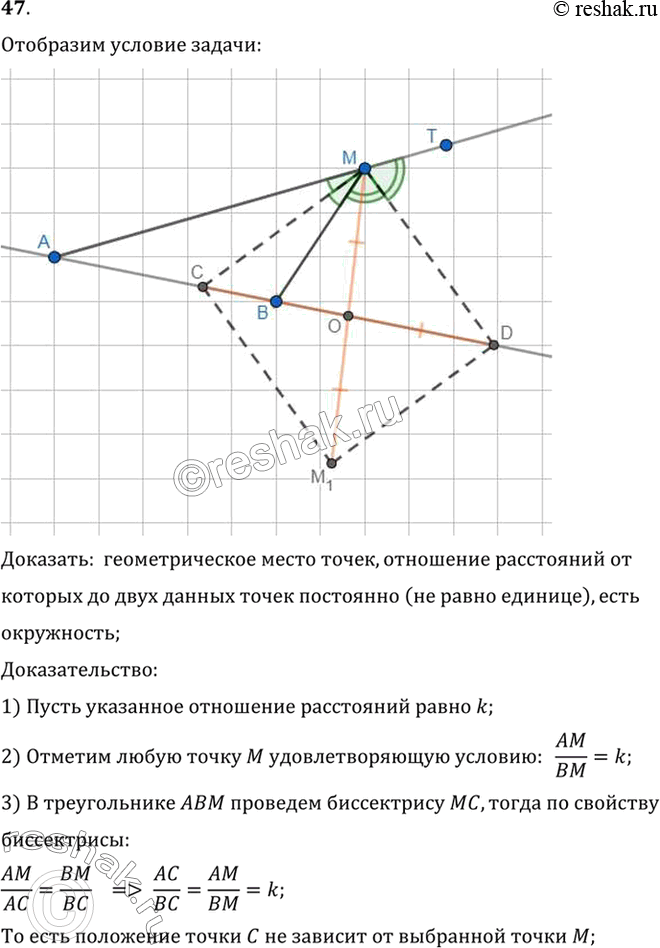 Изображение 47 Докажите, что геометрическое место точек, отношение расстояний от которых до двух данных точек постоянно (не равно единице), есть окружность.Доказать: ...