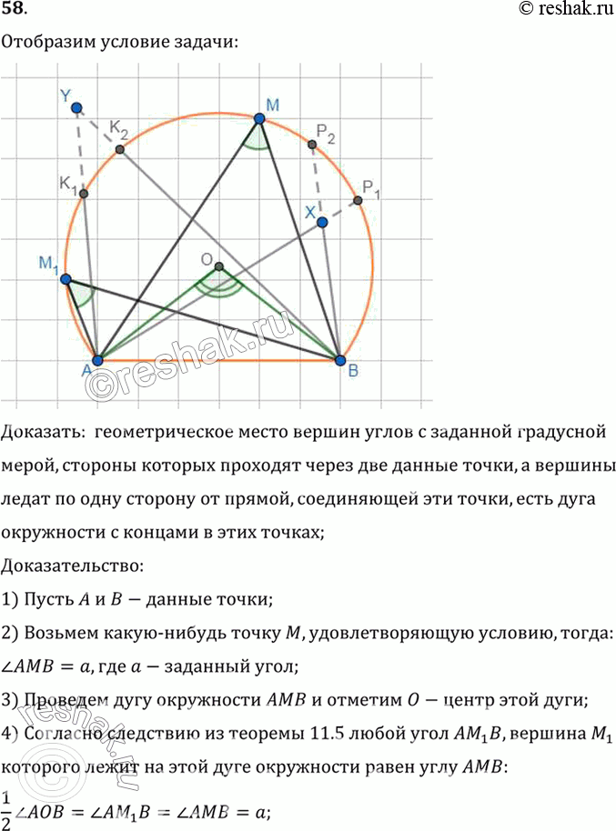 Изображение 58. Докажите, что геометрическое место вершин углов с заданной градусной мерой, стороны которых проходят через две данные точки, а вершины лежат по одну сторону от...