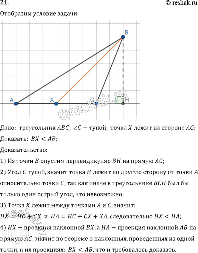 Изображение 21. У треугольника ABC угол С тупой. Докажите, что если точка X лежит на стороне АС, то ВХ < АВ.Дано:  треугольник ABC; угол C-тупой; точка X лежит на стороне...