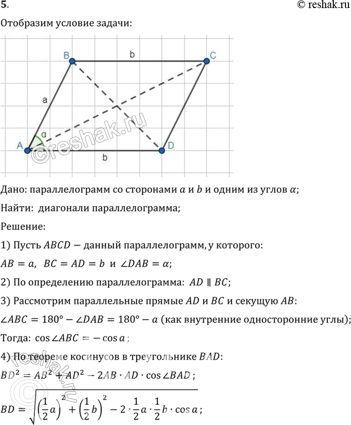 Изображение 5. Даны стороны параллелограмма а и b и один из углов а. Найдите диагонали...
