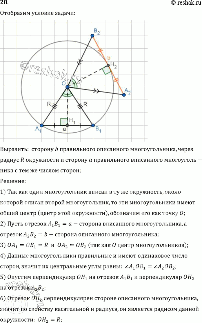 Изображение 28. Выразите сторону b правильного описанного многоугольника через радиус R окружности и сторону а правильного вписанного многоугольника с тем же числом...
