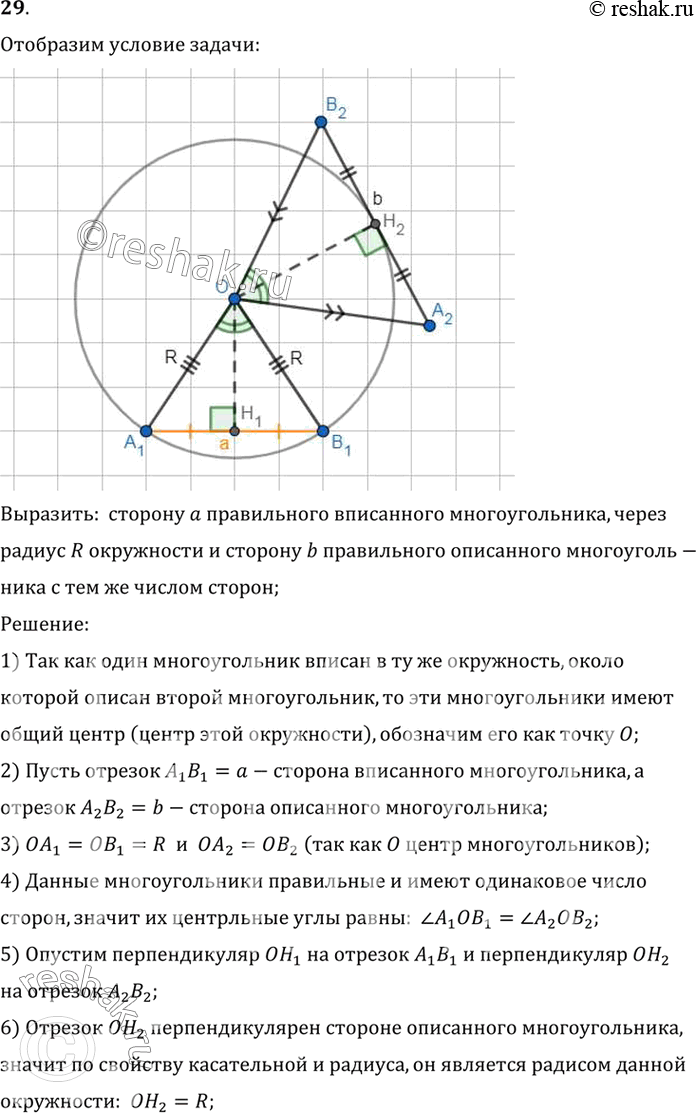 Изображение 29. Выразите сторону а правильного вписанного многоугольника через радиус R окружности и сторону b правильного описанного многоугольника с тем же числом...