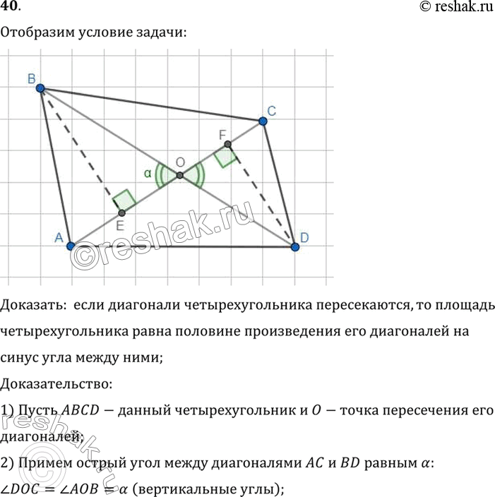 Изображение 40. Докажите, что если диагонали четырёхугольника пересекаются, то площадь четырёхугольника равна половине произведения его диагоналей на синус угла между...