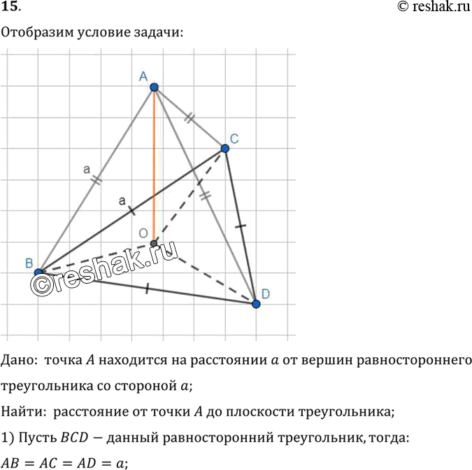 Изображение 15. Точка А находится на расстоянии а от вершин равностороннего треугольника со стороной а. Найдите расстояние от точки А до плоскости треугольника.Дано:  точка A...