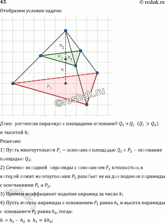 Изображение 43. Найдите объём усечённой пирамиды с площадями оснований Q1 и Q2 (Q1 > Q2) и высотой...