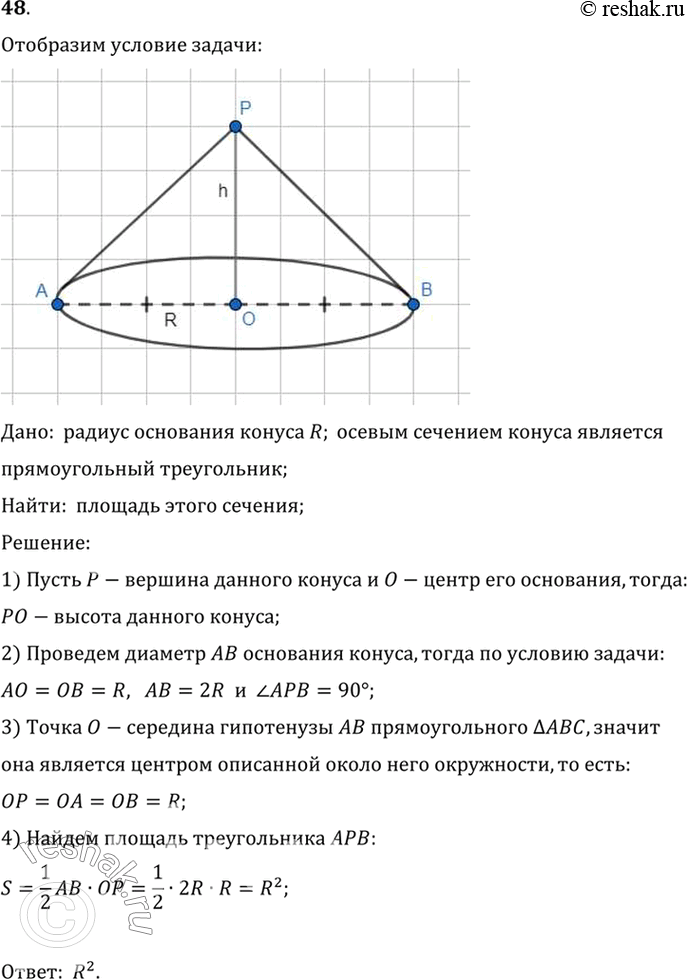 Изображение 48. Радиус основания конуса R. Осевым сечением является прямоугольный треугольник. Найдите его площадь.Дано:  радиус основания конуса R; осевым сечением конуса...