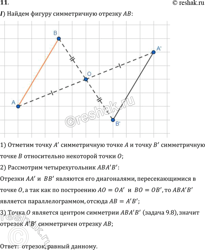 Изображение 11. Что представляет собой фигура, симметричная относительно данной точки: 1) отрезку; 2) углу; 3) треугольнику?I) Найдем фигуру симметричную отрезку AB.1) Отметим...