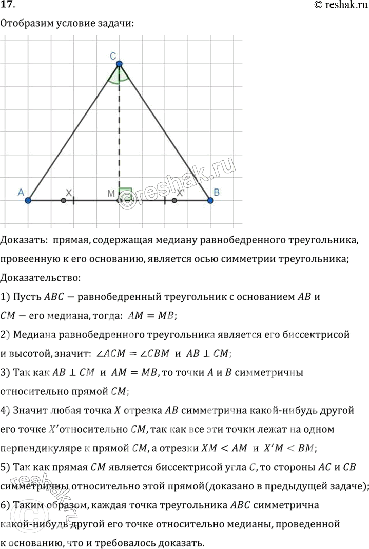 Изображение 17. Докажите, что прямая, содержащая медиану равнобедренного треугольника, проведённую к основанию, является осью симметрии треугольника.Доказать:  прямая,...