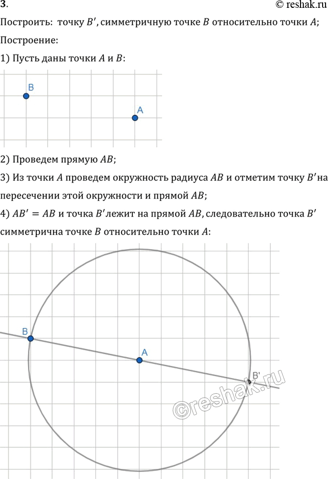 Изображение 3. Даны точки А и В. Постройте точку В', симметричную точке В относительно точки А.Построить:  точку B', симметричную точке B относительно точки A;Построение:1)...