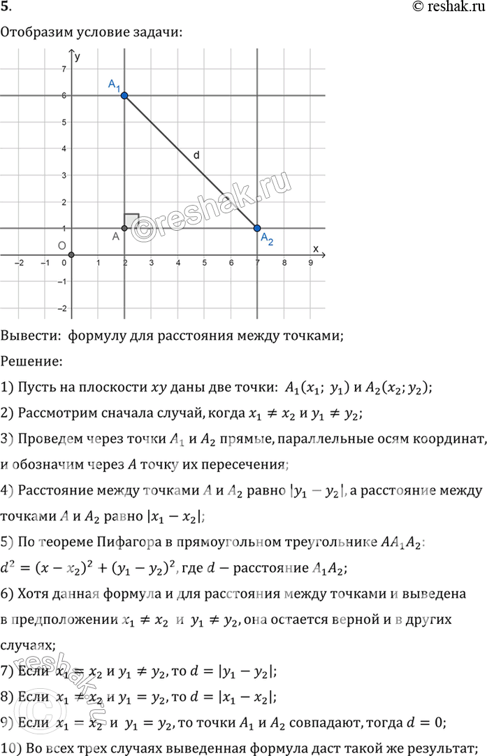 Изображение 5. Выведите формулу для расстояния между точками.Вывести:  формулу для расстояния между точками;Решение:1) Пусть на плоскости xy даны две точки:  A1 (x1; y1)  и...