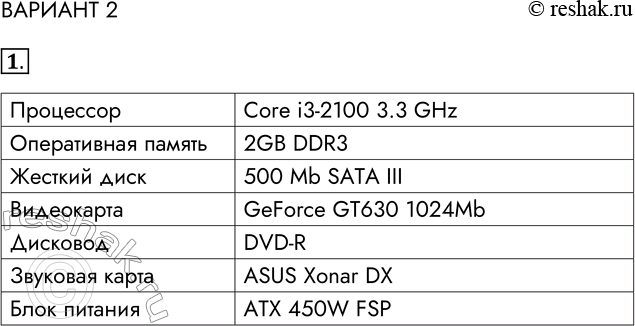  21.     . -2100 3.3 GHz 2Gb DDR3 500 Mb SATA III GeForceGT630 1024Mb DVD-R ASUS Xonar DX ATX 450W...