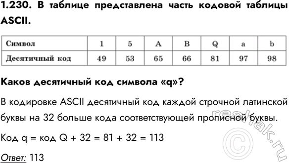 ����������� 1.230. � ������� ������������ ����� ������� ������� ASCII. ����� ���������� ��� ������� �q�?� ��������� ASCII ���������� ��� ������ �������� ��������� ����� �� 32...
