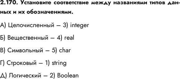 ����������� 2.170. ���������� ������������ ����� ���������� ����� ������ � �� �������������.�) ������������� � 3) integer�) ������������ � 4) real�) ���������� � 5) char�)...