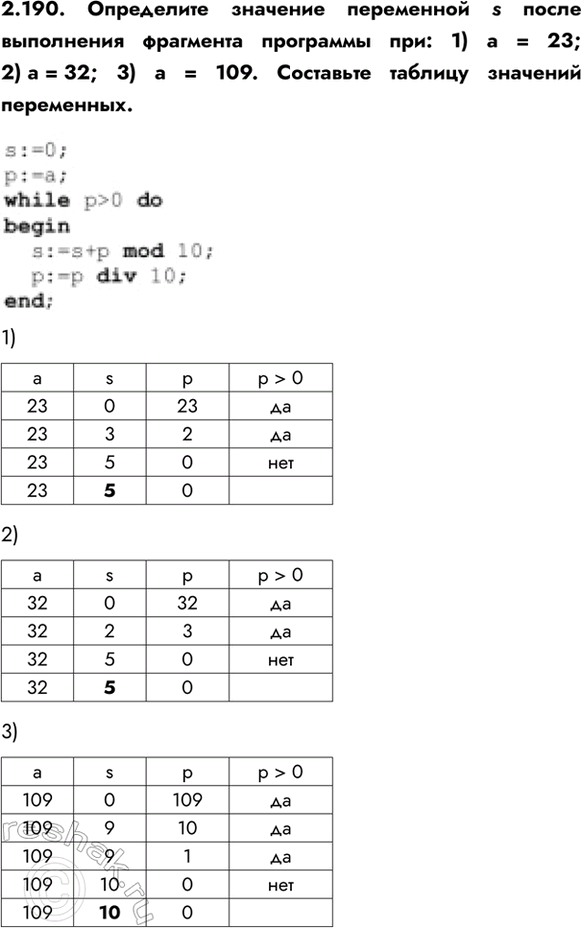 ����������� 2.190. ���������� �������� ���������� s ����� ���������� ��������� ��������� ���: 1) � = 23; 2) � = 32; 3) � = 109. ��������� ������� ��������...