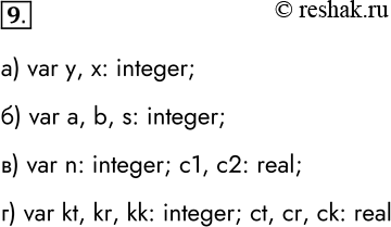 ����������� 9. �������� � ������� ������ �������� ����������, ����������� ��� ����������:�) �������� ������� � = �2;var y, x: integer�) ������� ��������������;var a, b, s:...