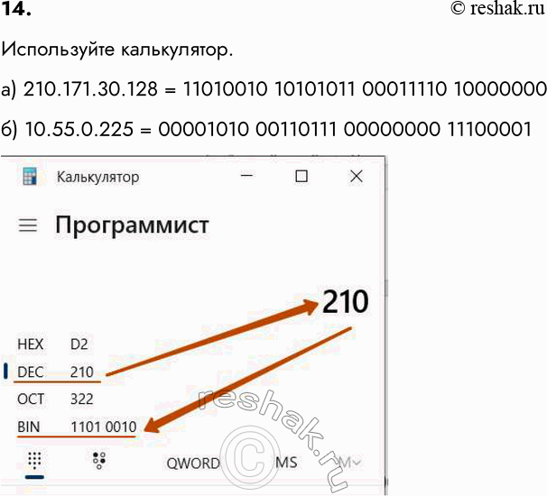 ����������� 14. �������� � ������� IP-����� �� ������ ���������� ����� � 32-������� ����:�) 210.171.30.128;�) 10.55.0.225.����������� �����������.�) 210.171.30.128 =...
