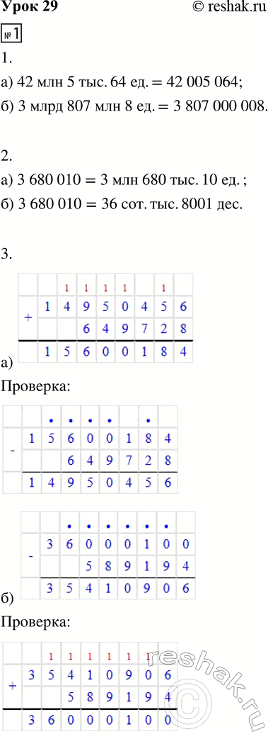 Изображение ﻿1. 1. Запиши число:  а) 42 млн 5 тыс. 64 ед.  б) 3 млрд 807 млн 8 ед.  2. Вырази число 3 680 010 в указанных...