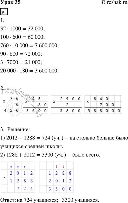 Изображение ﻿1. 1. Вычисли:  32 · 1000 =           90 · 800 =  100 · 600 =           3 · 7000 =  760 · 10 000 =        20 000 · 180 =  2. Выполни...