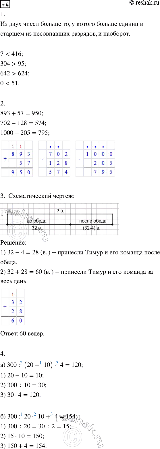 Изображение 4. 1. Сравни числа:  7 ☐ 416      304 ☐ 95      642 ☐ 624      0 ☐ 51  2. Вычисли:  893 + 57 =      702 - 128 =      1000 - 205 =  3....