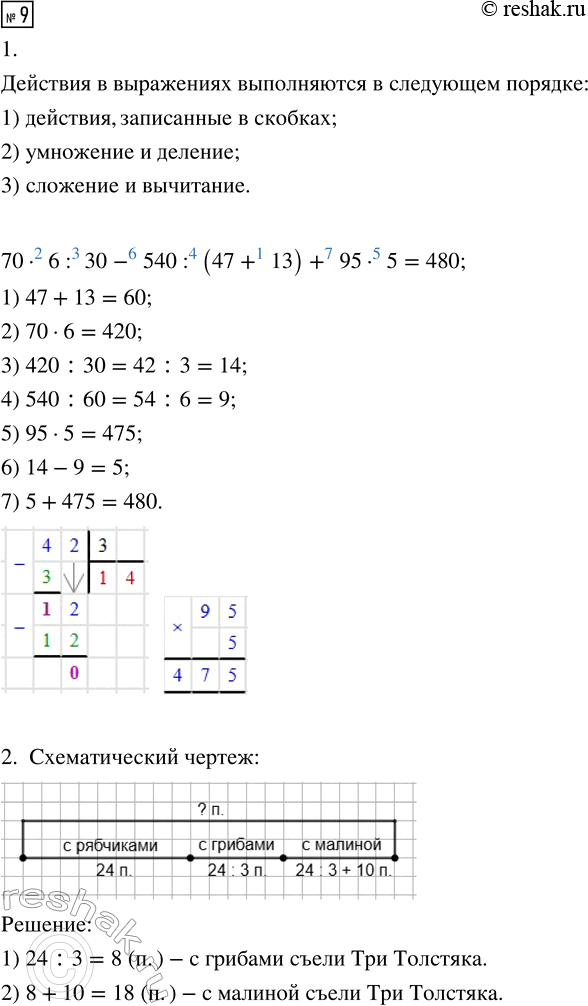 Изображение 9. 1. Составь программу действий и вычисли:  70 · 6 : 30 + 540 : (47 + 13) · 9 · 5 : 5 =  2. Три Толстяка съели на...
