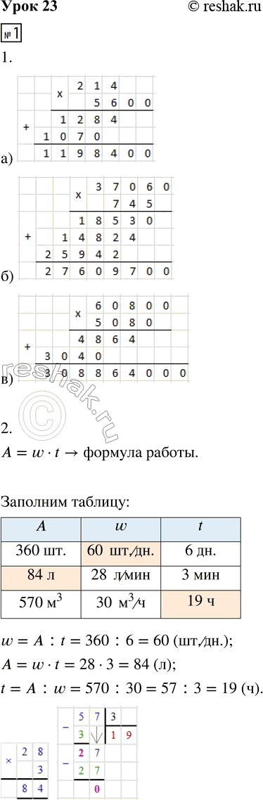 Изображение ﻿1. 1. Выполни умножение:  а) 214 · 5600     б) 37 060 · 745     в) 60 800 · 5080  2. Запиши формулу работы. Заполни...