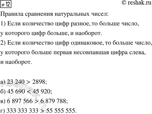 Изображение ﻿12. Сравни:  а) 23 240 и 2898     в) 6 897 566 и 6 879 788  б) 45 690 и 45 920   г) 333 333 333 и 55 555...
