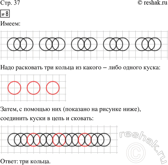 Изображение ﻿8. Имеется 5 кусков цепи, по 3 кольца в каждом куске. Догадайся, какое наименьшее число колец придётся расковать и сковать, чтобы соединить эти куски в одну...