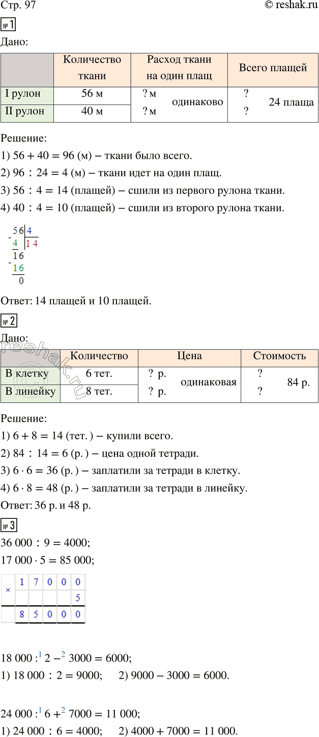 Изображение ﻿1. Из двух рулонов ткани длиной 56 м и 40 м сшили 24 одинаковых плаща. Сколько плащей сшили из...