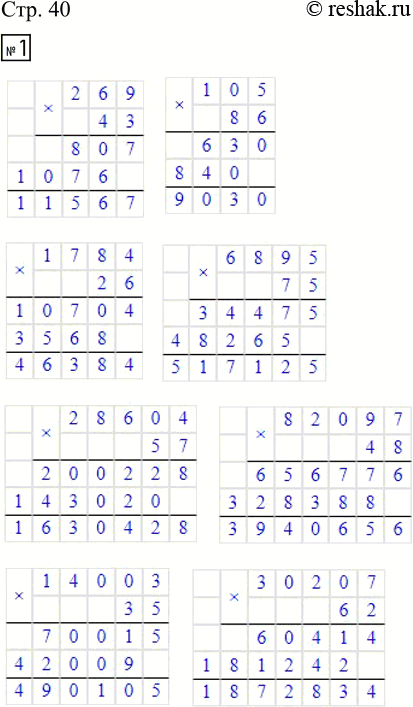Изображение ﻿1. Выполни действия.  269 · 43;   1 784 · 26;   28 604 · 57;   14 003 · 35;  105 · 86;   6 895 · 75;   82 097 · 48;   30 207 ·...